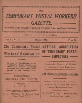 cover page of Temporary Postal Workers' Gazette published on March 1, 1920