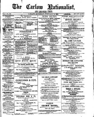 cover page of Carlow Nationalist published on February 2, 1884