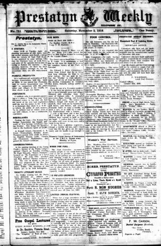cover page of Prestatyn Weekly published on November 2, 1918