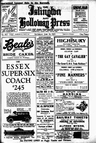cover page of Holloway Press published on June 18, 1927