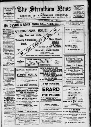 cover page of Streatham News published on February 2, 1907