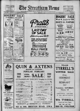 cover page of Streatham News published on February 2, 1923