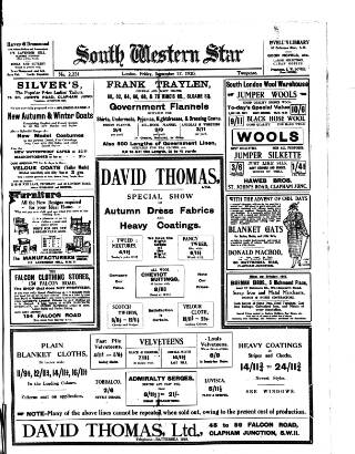 cover page of South Western Star published on September 17, 1920