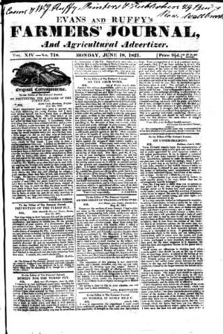 cover page of Evans and Ruffy's Farmer's Journal published on June 18, 1821