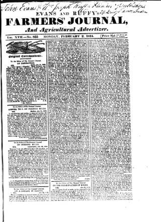 cover page of Evans and Ruffy's Farmer's Journal published on February 2, 1824