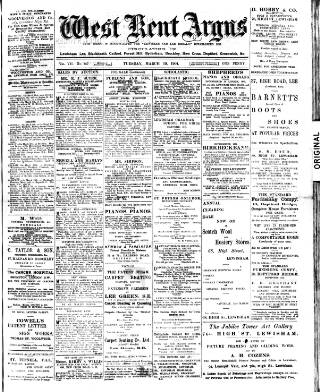 cover page of West Kent Argus and Borough of Lewisham News published on March 19, 1901