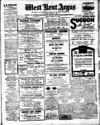 cover page of West Kent Argus and Borough of Lewisham News published on March 19, 1920