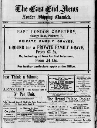 cover page of East End News and London Shipping Chronicle published on September 17, 1915