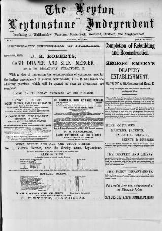 cover page of Leytonstone Express and Independent published on May 4, 1878