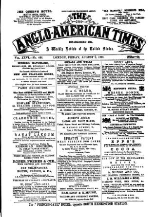 cover page of Anglo-American Times published on August 2, 1878