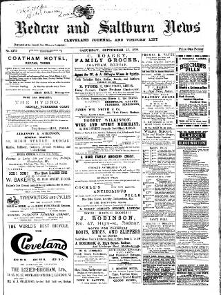 cover page of Redcar and Saltburn News published on September 17, 1898
