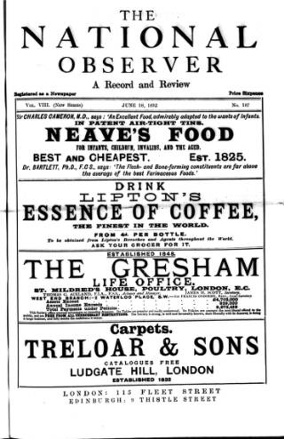 cover page of National Observer published on June 18, 1892