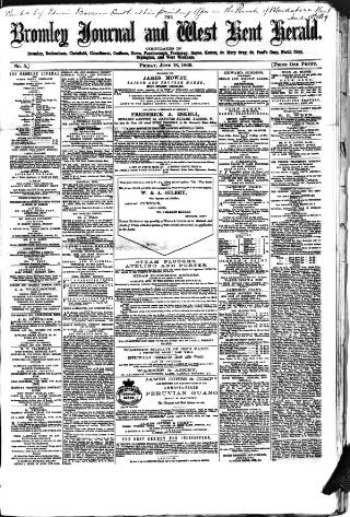 cover page of Bromley Journal and West Kent Herald published on June 18, 1869