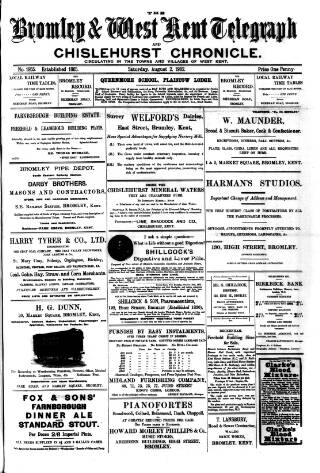 cover page of Bromley and West Kent Telegraph published on August 2, 1902