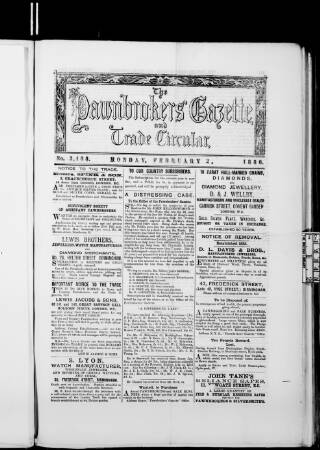 cover page of Pawnbrokers' Gazette published on February 2, 1880