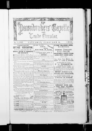 cover page of Pawnbrokers' Gazette published on February 2, 1884