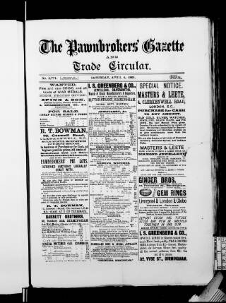 cover page of Pawnbrokers' Gazette published on April 4, 1891