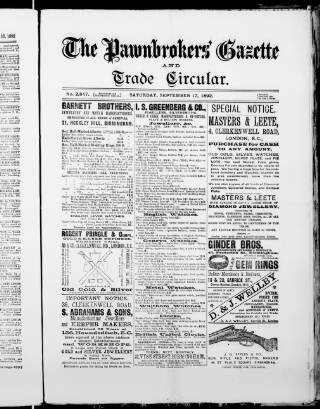 cover page of Pawnbrokers' Gazette published on September 17, 1892