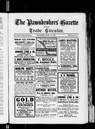 cover page of Pawnbrokers' Gazette published on June 18, 1921