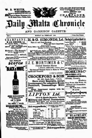 cover page of Daily Malta Chronicle and Garrison Gazette published on February 2, 1903