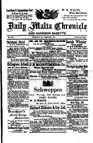 cover page of Daily Malta Chronicle and Garrison Gazette published on February 2, 1911
