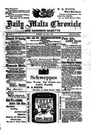 cover page of Daily Malta Chronicle and Garrison Gazette published on May 2, 1911