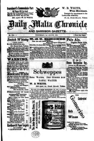 cover page of Daily Malta Chronicle and Garrison Gazette published on August 2, 1911