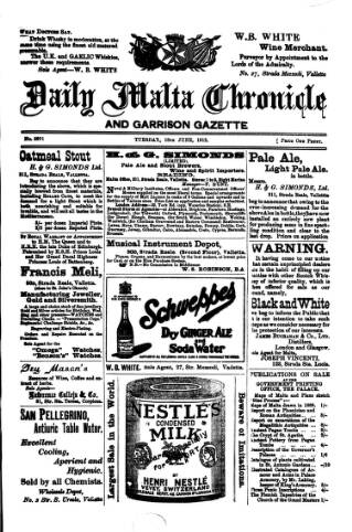 cover page of Daily Malta Chronicle and Garrison Gazette published on June 18, 1912