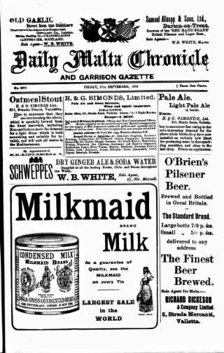 cover page of Daily Malta Chronicle and Garrison Gazette published on September 17, 1915