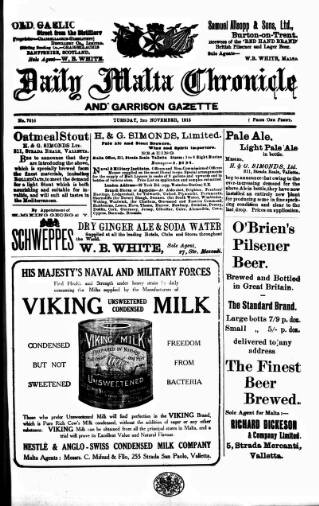 cover page of Daily Malta Chronicle and Garrison Gazette published on November 2, 1915