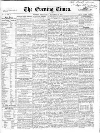 cover page of Evening Times (London) published on September 1, 1852