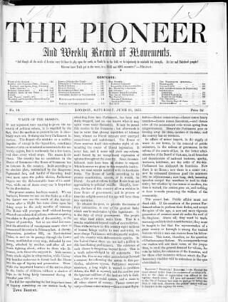 cover page of Pioneer and Weekly Record of Movements published on June 21, 1851