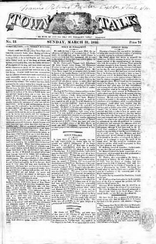 cover page of Town Talk 1822 published on March 31, 1822