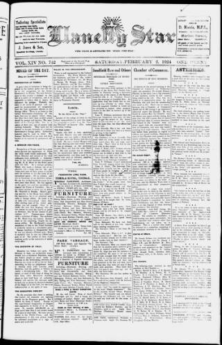 cover page of Llanelli Star published on February 2, 1924