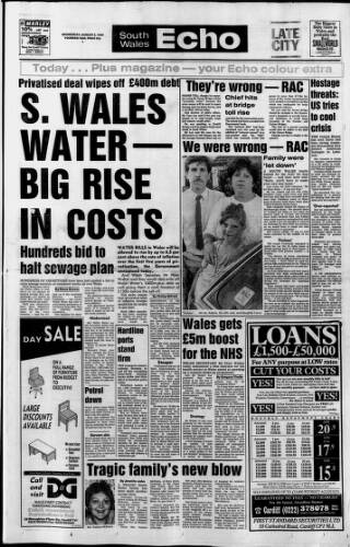 cover page of South Wales Echo published on August 2, 1989