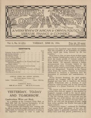 cover page of African Times and Orient Review published on June 23, 1914