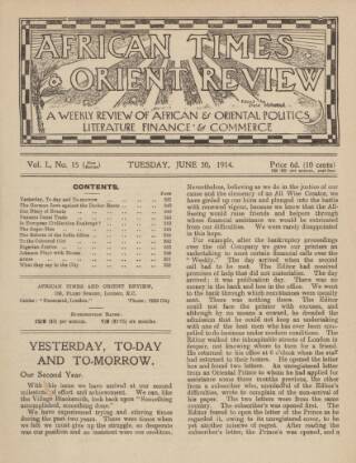 cover page of African Times and Orient Review published on June 30, 1914