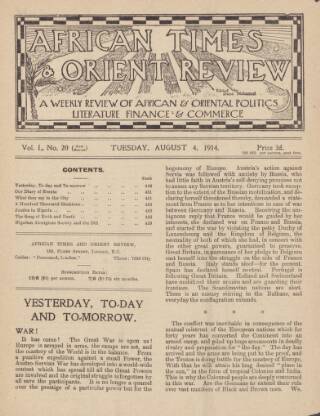 cover page of African Times and Orient Review published on August 4, 1914