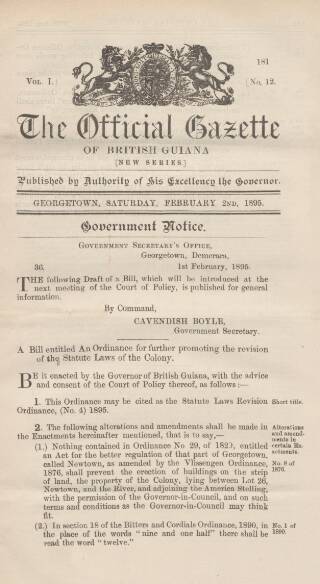 cover page of Official Gazette of British Guiana published on February 2, 1895