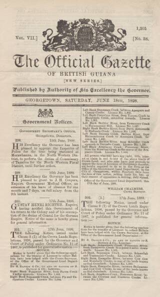 cover page of Official Gazette of British Guiana published on June 18, 1898