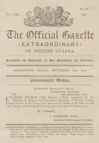 cover page of Official Gazette of British Guiana published on September 17, 1904