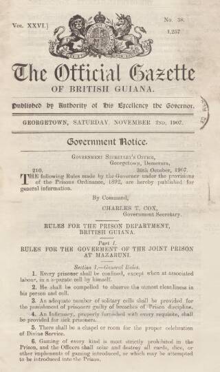 cover page of Official Gazette of British Guiana published on November 2, 1907