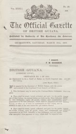 cover page of Official Gazette of British Guiana published on March 19, 1910