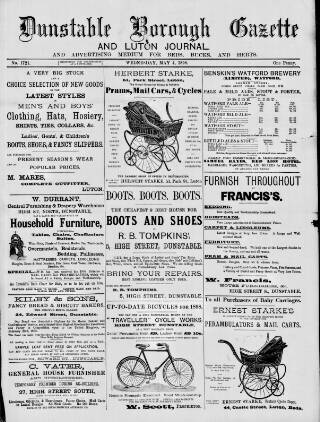 cover page of Dunstable Gazette published on May 4, 1898