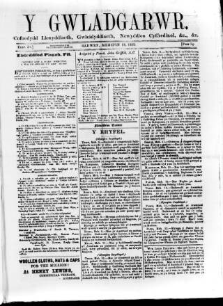 cover page of Y Gwladgarwr published on June 18, 1859