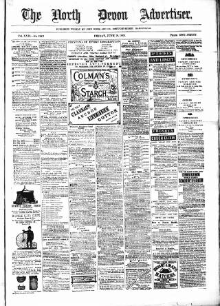 cover page of North Devon Advertiser published on June 18, 1880
