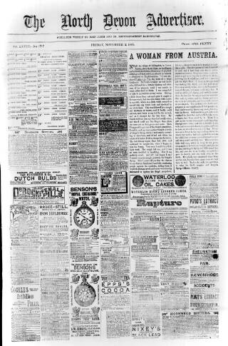 cover page of North Devon Advertiser published on November 2, 1888