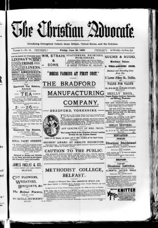 cover page of Irish Christian Advocate published on June 18, 1886