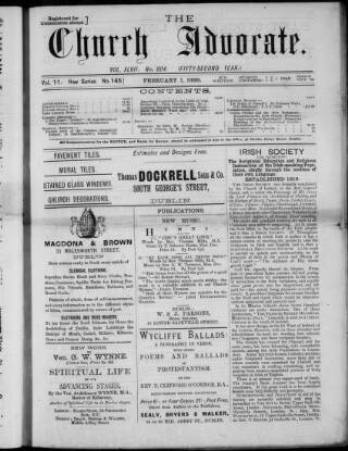 cover page of Irish Church Advocate published on February 1, 1888