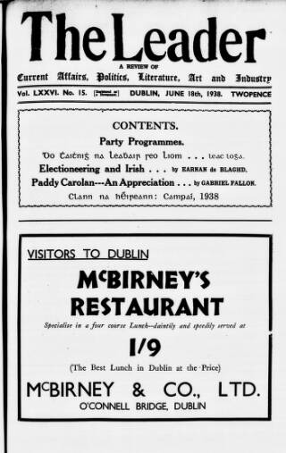 cover page of Dublin Leader published on June 18, 1938